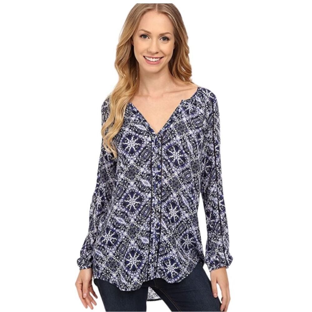 Lucky Brand Blue Batik mosaic peasant blouse size M
